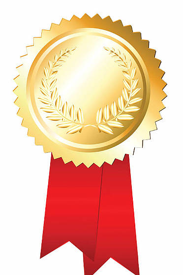 Das Bild zeigt ein goldenes Siegel mit einem Lorbeerkranz in der Mitte und zwei roten Bändern, die nach unten hängen.